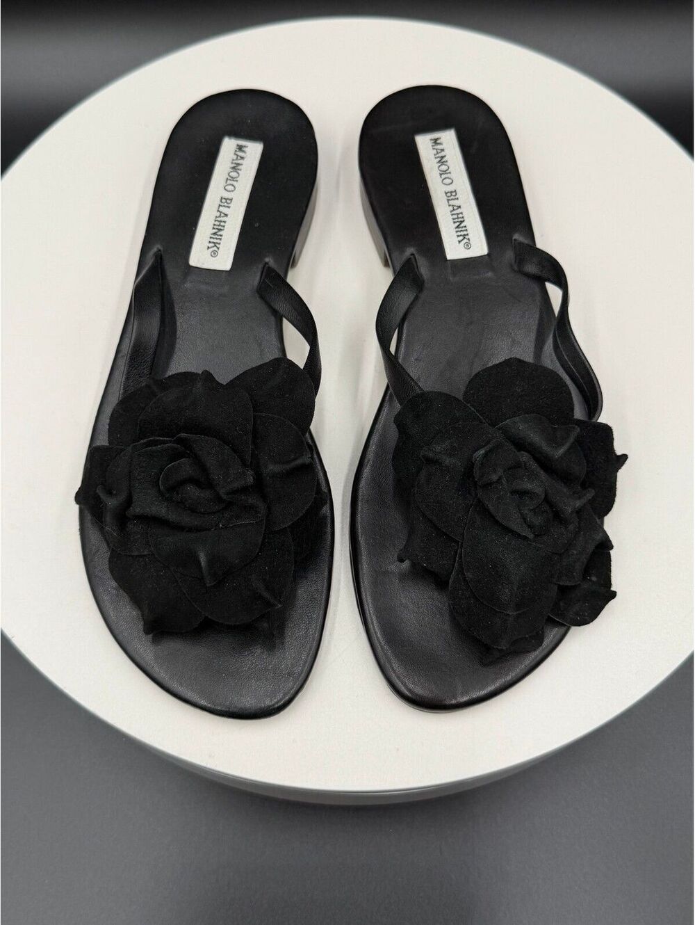 Manolo Blahnik Petala Black Suede Rose Flower Flat Thong Sandal Size 36.5 / US 6